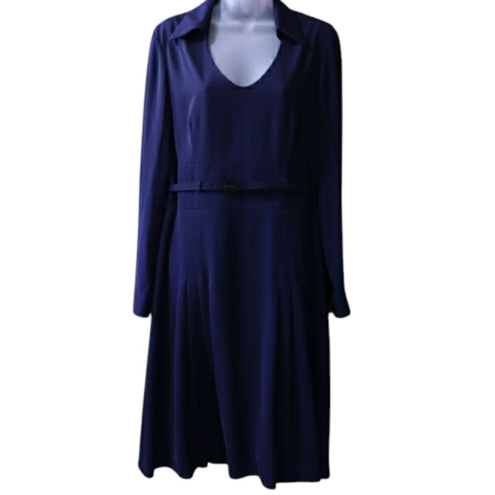 Tahari Arthur S. Levine Navy Blue Belted Fit & Flare Dress 10 Classic Elegant